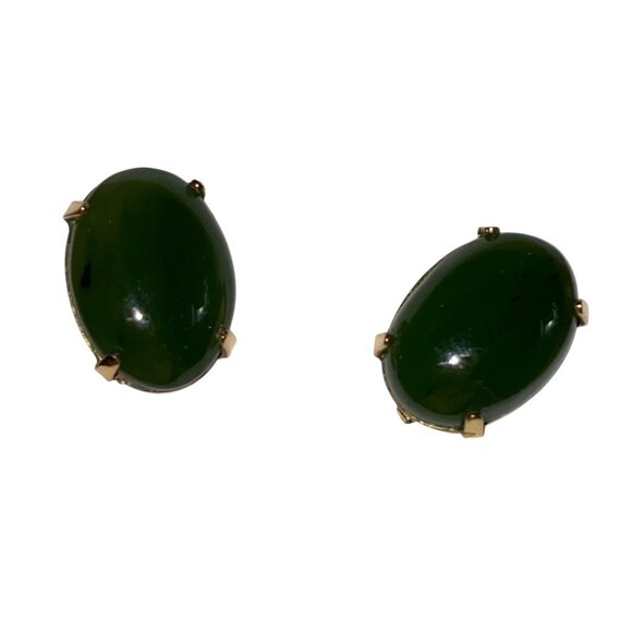 Vintage 12K Gold Filled Screw Back Jade Earrings Oval Cabochon Green Gemstone Cl - Picture 11 of 12